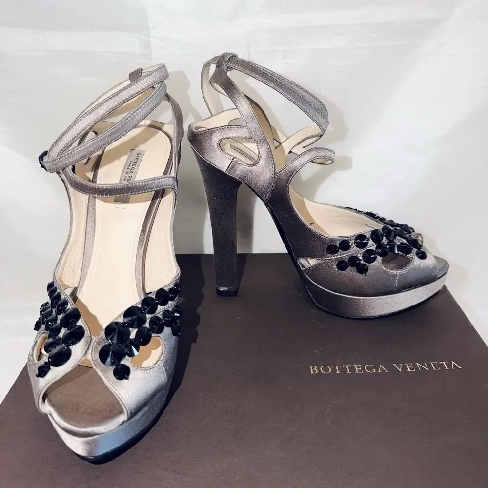 Bottega Veneta Grey Satin Embellished Bead Ankle Strap Platform Heels Sandal